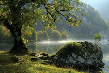 Fototapeta premium Misty Lakeside with Sunbeams and Lush Trees