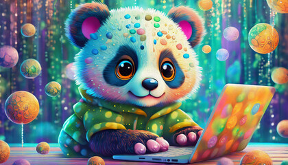 Fototapeta na wymiar oil painting style multicolored close up of baby panda cartoon character hacker