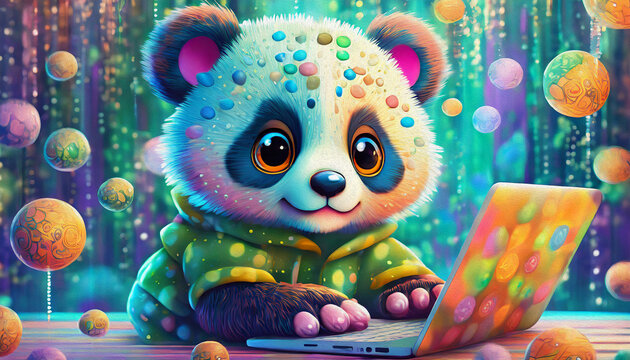 oil painting style multicolored close up of baby panda cartoon character hacker