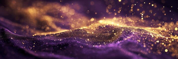 A breathtaking landscape of golden particles sprinkled across a wavy purple backdrop