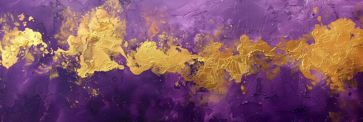 Striking abstract image with bold gold paint strokes on a textured purple canvas suggesting opulence