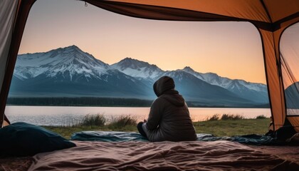 The first rays of sunrise over a serene lake and mountain range create a breathtaking view from the coziness of a camping tent. AI generation - obrazy, fototapety, plakaty