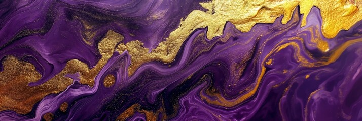 This image depicts a close-up view of a vibrant mix of gold and purple hues resembling natural marble or textures found in geological formations - obrazy, fototapety, plakaty