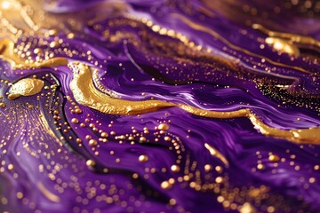 Showing detail of a fluid art piece, the image boasts rich purple tones with streaks and specks of...