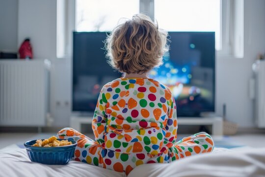 Child in colorful pajamas watching TV while sitting on the bed