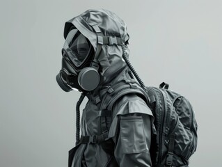 3D biochemical defense gear, isolated against a minimalist backdrop, emphasizing protection against invisible threats