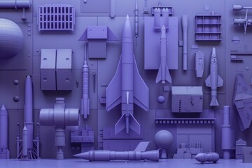 3D minimalist tableau of spaceage military tech, highlighting the quiet beauty of defense innovation