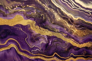 Abstract luxurious background with a mixture of purple hues and golden streaks creating a marbled...