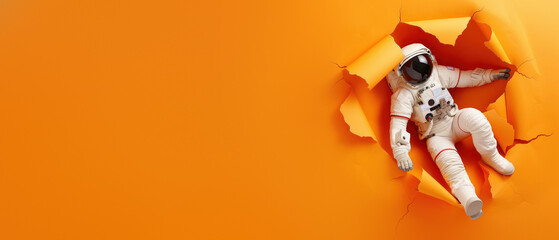 An astronaut in a white spacesuit appears to break through a vibrant orange paper wall, creating a sense of escape - obrazy, fototapety, plakaty