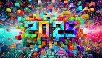 New year celebration, multicolor cubes forming the text '2025', symbolizing forward-thinking creativity and technological advancement