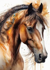 A vibrant watercolor portrait of a horse, blending realism with abstract art elements, ideal for equine enthusiasts and art collectors AI generation - obrazy, fototapety, plakaty