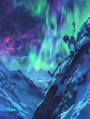A skeleton climbing a snowcovered mountain, with the aurora borealis illuminating the sky above in mesmerizing colors