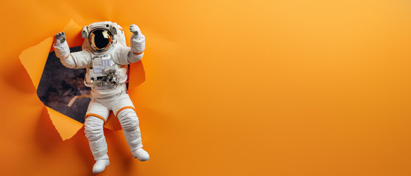 Image captures an astronaut in a spacesuit floating through a gap in orange paper, implying freedom