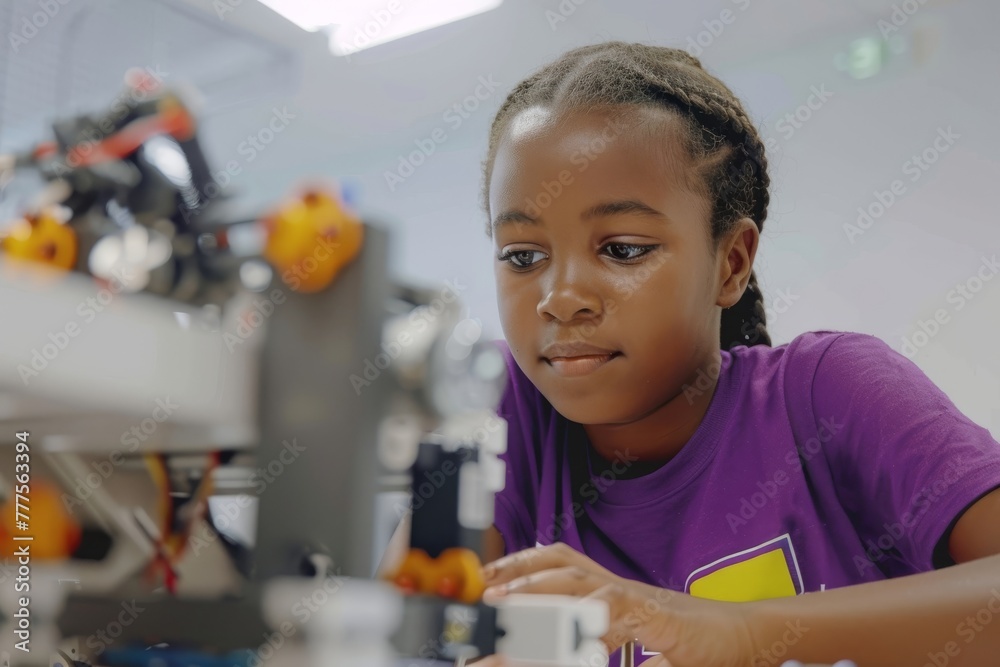 Poster curious child engaging with robotics and technology in a learning environment