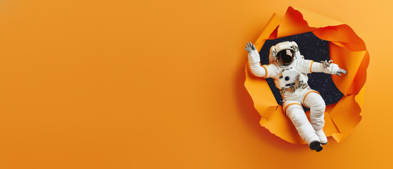 Creative depiction of an astronaut with a star-filled backdrop through orange paper, expressing wonder - obrazy, fototapety, plakaty