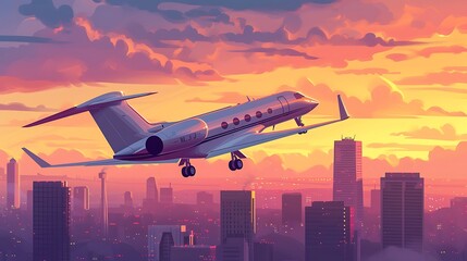 an AI illustration of a private jet gracefully taking off against a sunset sky, highlighting the luxury and elegance of private aviation attractive look - obrazy, fototapety, plakaty