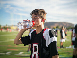 High school boy drinking water on sidelines during American football game.