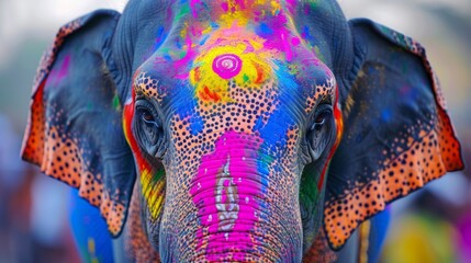 Brightly painted elephant at the Elephant Festival in india with holi paint