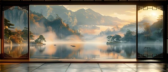Traditional Japanese Room with Gold-Backed Paintings on Hig. Concept Japanese Interior Design, Gold-Backed Paintings, Traditional Decor, Higashiyama Style - obrazy, fototapety, plakaty