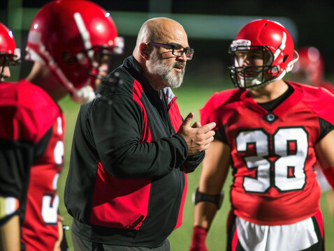 High school football coach in the US motivating team with strategy talk.