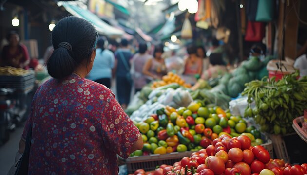 Capturing a moment in a vibrant street market where diverse people engage in daily activities, fostering a sense of community and cultural richness