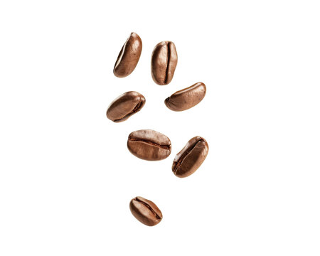 Falling roasted coffee beans isolated on transparent background