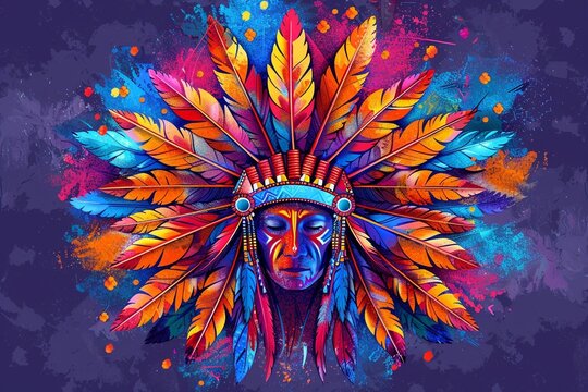 Colorful and detailed cartoon of a Native American chiefs headdress, vibrant feathers, art , clip art, 8K , high-resolution, ultra HD,up32K HD