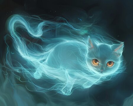 Spooky flying ghost cat, cartoon, Halloween charm, overhead shot, chalk pastel tones for coloring , clip art, 8K , high-resolution, ultra HD,up32K HD