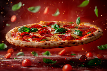 Tempting Presentation: Handmade Pepperoni Pizza Highlighting Floating Toppings, Set Against a Striking Deep Red Backdrop. Designed for Product Photography 