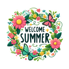 Welcome Summer Sign with flower wreath and bright butterflies on white background - 777565527