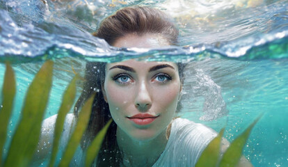 Girl Plaing under water smiling with open eyes waves and sun flares on the beachunderwater life