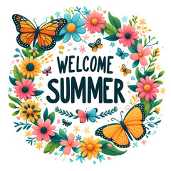 Welcome Summer Sign with flower wreath and bright butterflies on white background - 777565545