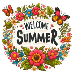 Welcome Summer Sign with flower wreath and bright butterflies on white background - 777565548