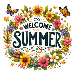 Welcome Summer Sign with flower wreath and bright butterflies on white background - 777565558