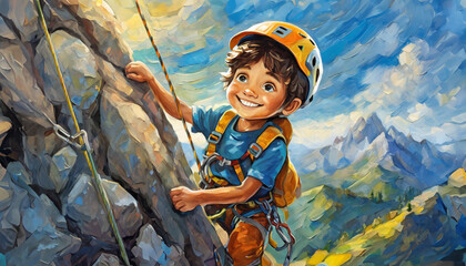 kid climing rocks, illustration look smiling, day exterior