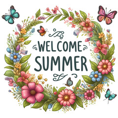 Welcome Summer Sign with flower wreath and bright butterflies on white background - 777565569