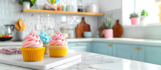 Creative food template. Cupcake muffin with cream in pastel colourful icing frosting topping on white marble counter with blur bright Contemporary kitchen background. copy text space - obrazy, fototapety, plakaty