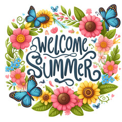 Welcome Summer Sign with flower wreath and bright butterflies on white background - 777565577