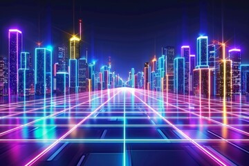 Neon-lit virtual skyline with radiant grid pathways, holographic towers gleam, energy pulses through the vibrant, digital thoroughfare.. Luminous cyber city, glowing lines crisscross streets - obrazy, fototapety, plakaty
