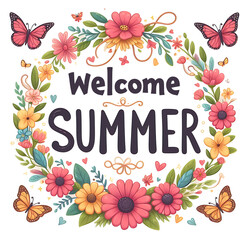 Welcome Summer Sign with flower wreath and bright butterflies on white background - 777565599