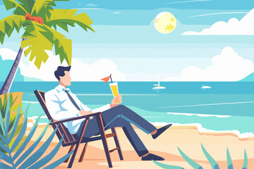 Obraz na płótnie Canvas Businessman taking well-deserved break, enjoying workplace holiday and vacation by relaxing on beach with tropical drink