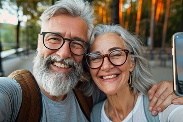 Joyful gray-haired couple captures a sunset selfie amidst autumn foliage