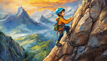 Boy climing rocks, illustration look smiling, day exterior
