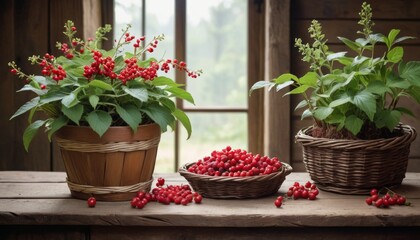 Fototapeta na wymiar Lush green plants and vibrant red berries in rustic baskets and pots, captured in a serene natural light, perfect for homely and botanical themes.