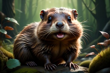 Cute beaver in the habitat. - obrazy, fototapety, plakaty