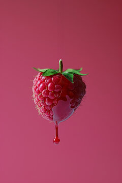 A vibrant raspberry is suspended against a vivid pink backdrop, with a lone droplet of juice captured in the act of falling from the berry