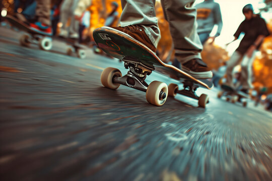 Skate Sport Action: Skateboarder making Movement with Zoom Burst, Low-Angle Shot, against Evening Light Transition