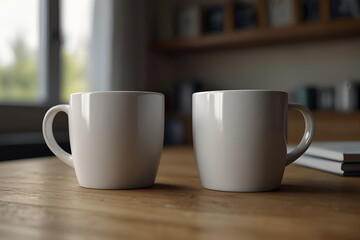 two white mugs on a table with a white background Morning Comfort Two White Mugs in a Cozy Living