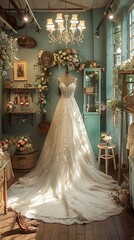 Elegant Bridal Boutique with Soft Focus on Gowns and Accessories