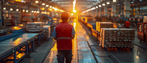 Man in red vest stands in a factory with a yellow sun in the background